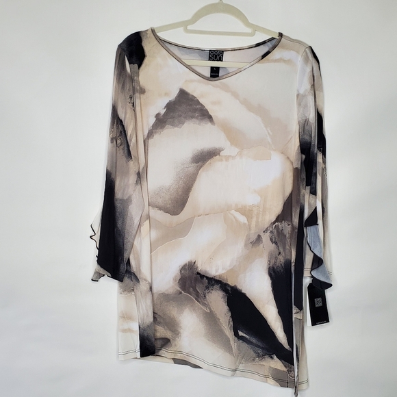NEW Clara Sun Woo Asymmetric Tunic Size L Watercolor Print Stretch Top Fall - Picture 1 of 12